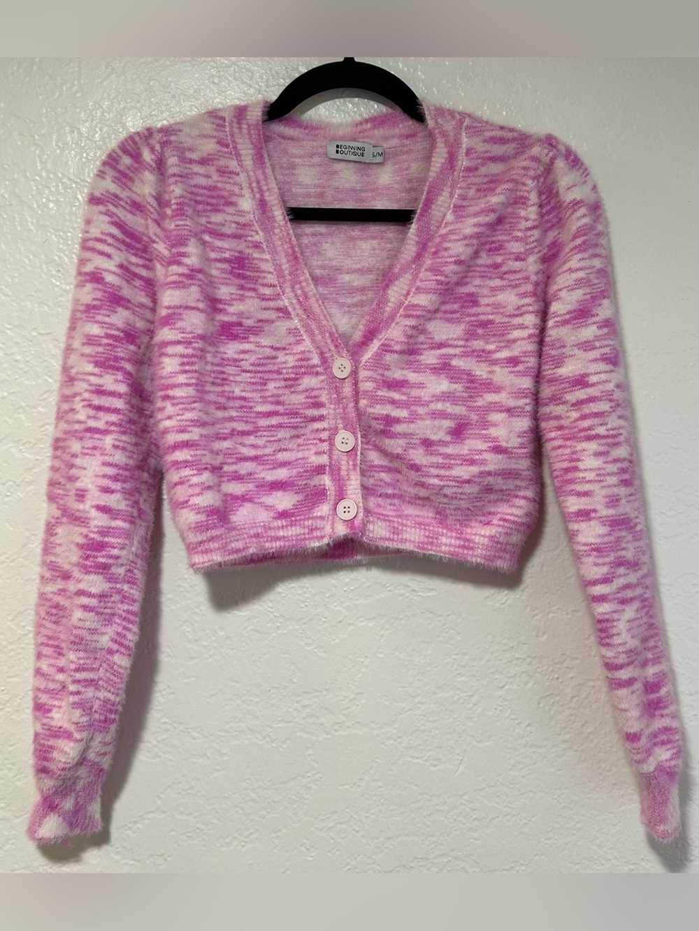 Beginning Boutique Pink & White Marled V-Neck Cropped Cardigan